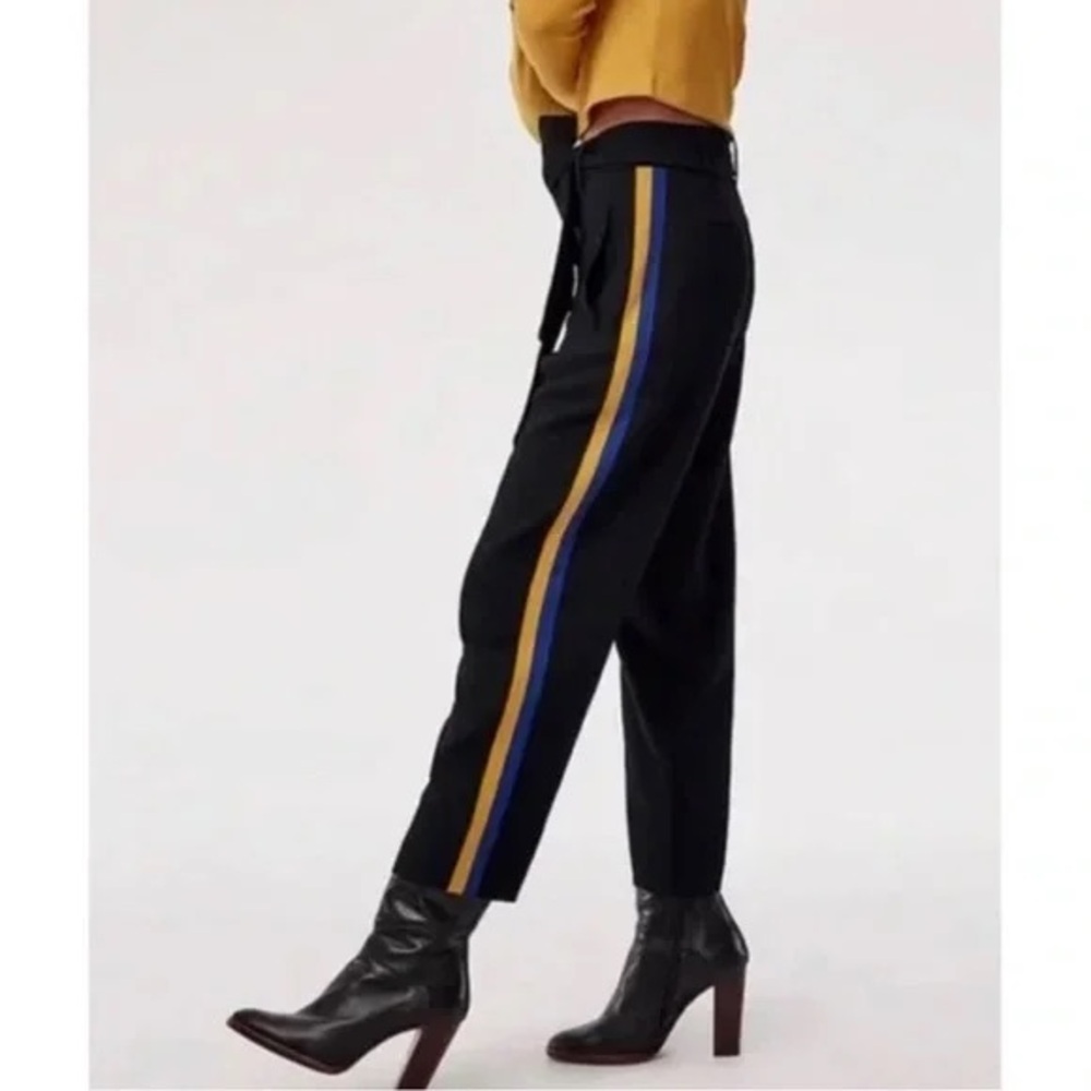 Aritzia Black High-Waisted Tie Waist Pants w/ Mustard & Blue Side Stripe Size 00